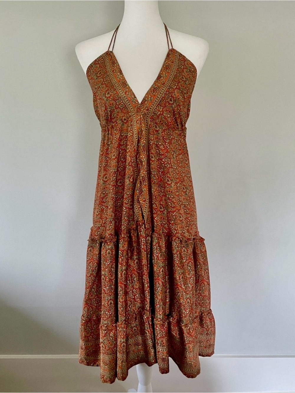 Silk Halter Tiered Maxi Dress in Rust Paisley